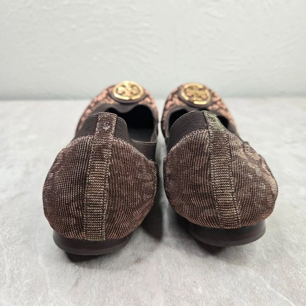 Tory Burch Ballet Flats Size 8 Animal Print Metallic Dressy Logo Ballerina Shoes - Picture 5 of 11